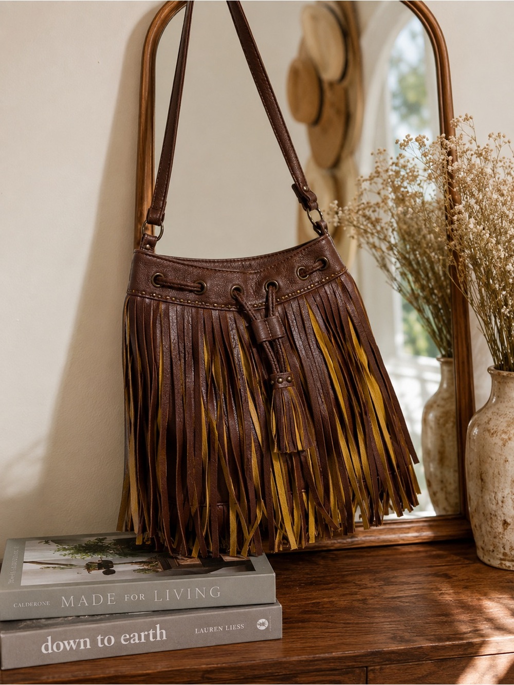 dELiA*s Brown and Mustard Fringe Shoulder Bag